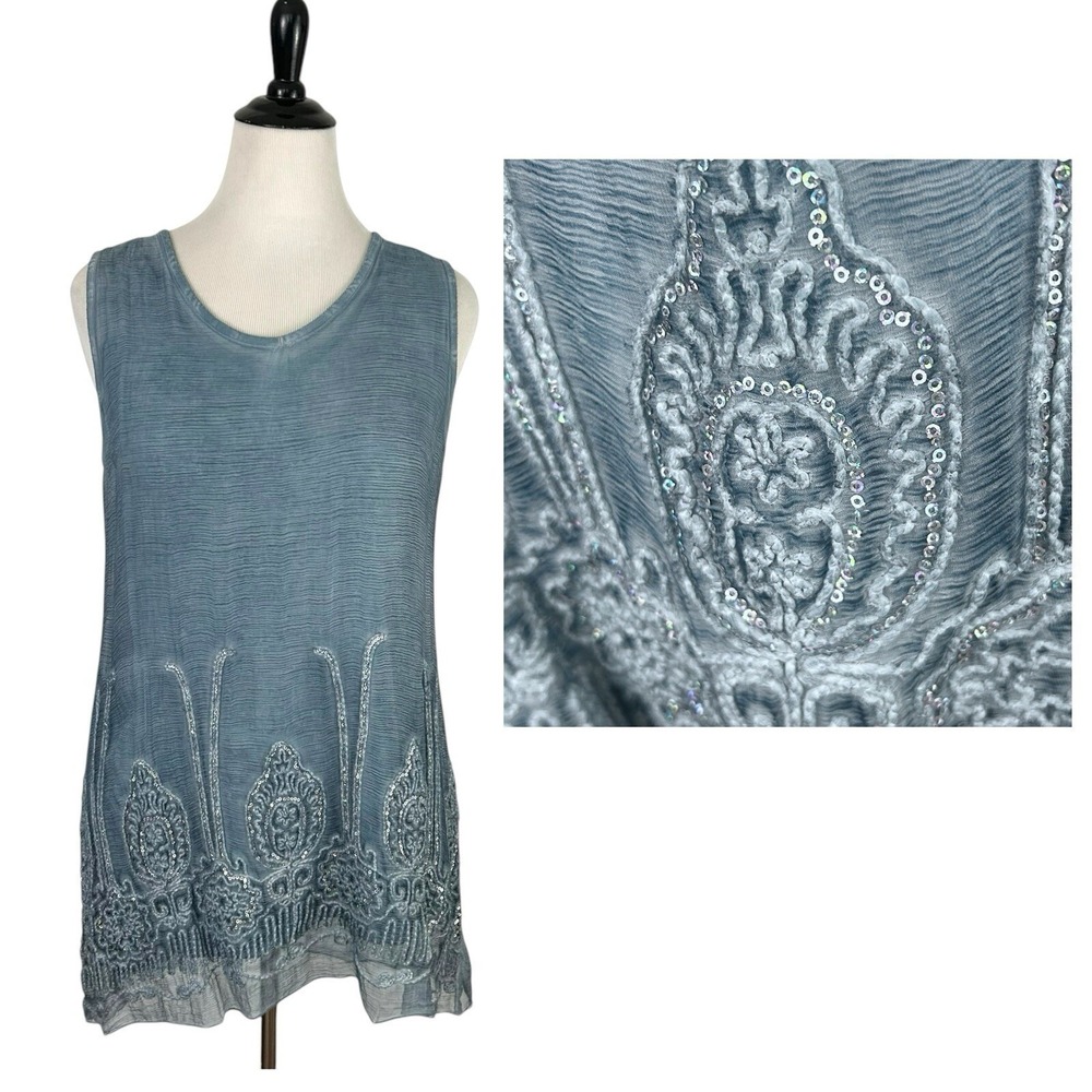 SOFT SURROUNDINGS Silk TUNIC TOP M Sequin Fairy Gauze Embroidered Lagenlook Boho